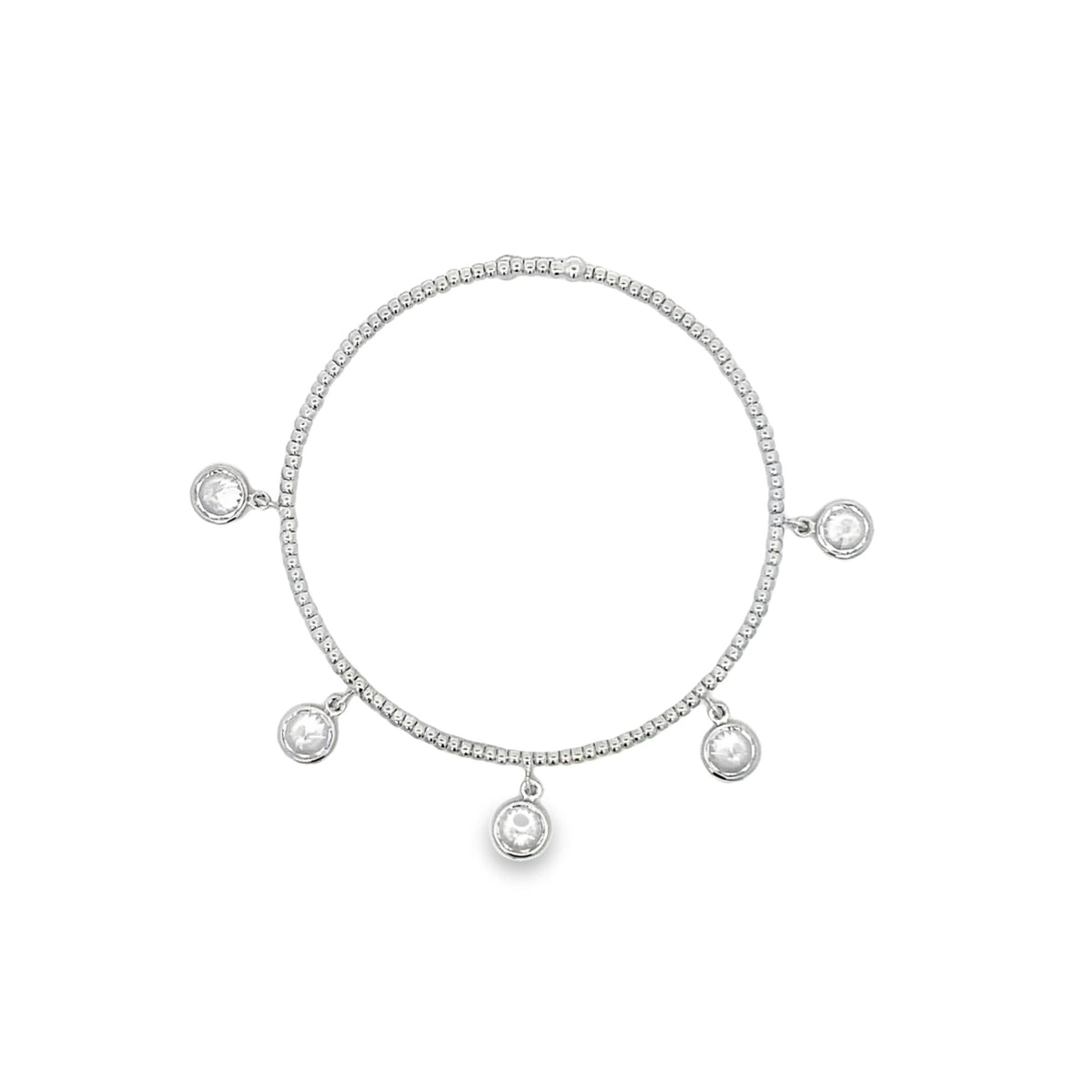A delicate silver beaded charm bracelet features five sparkling cubic zirconia pendants dangling from the band.