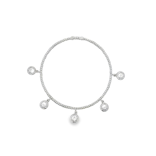 A delicate silver bead charm bracelet displays five round bezel-set crystal charms hanging evenly along its circle against a clean white background.