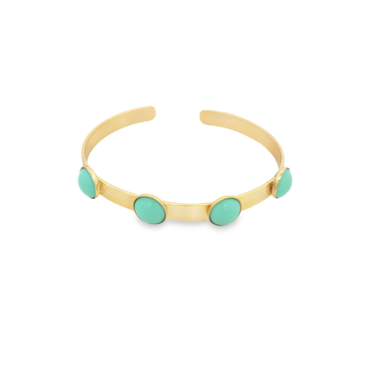 A gold cuff bracelet features four inlaid turquoise stones spaced evenly along the band.