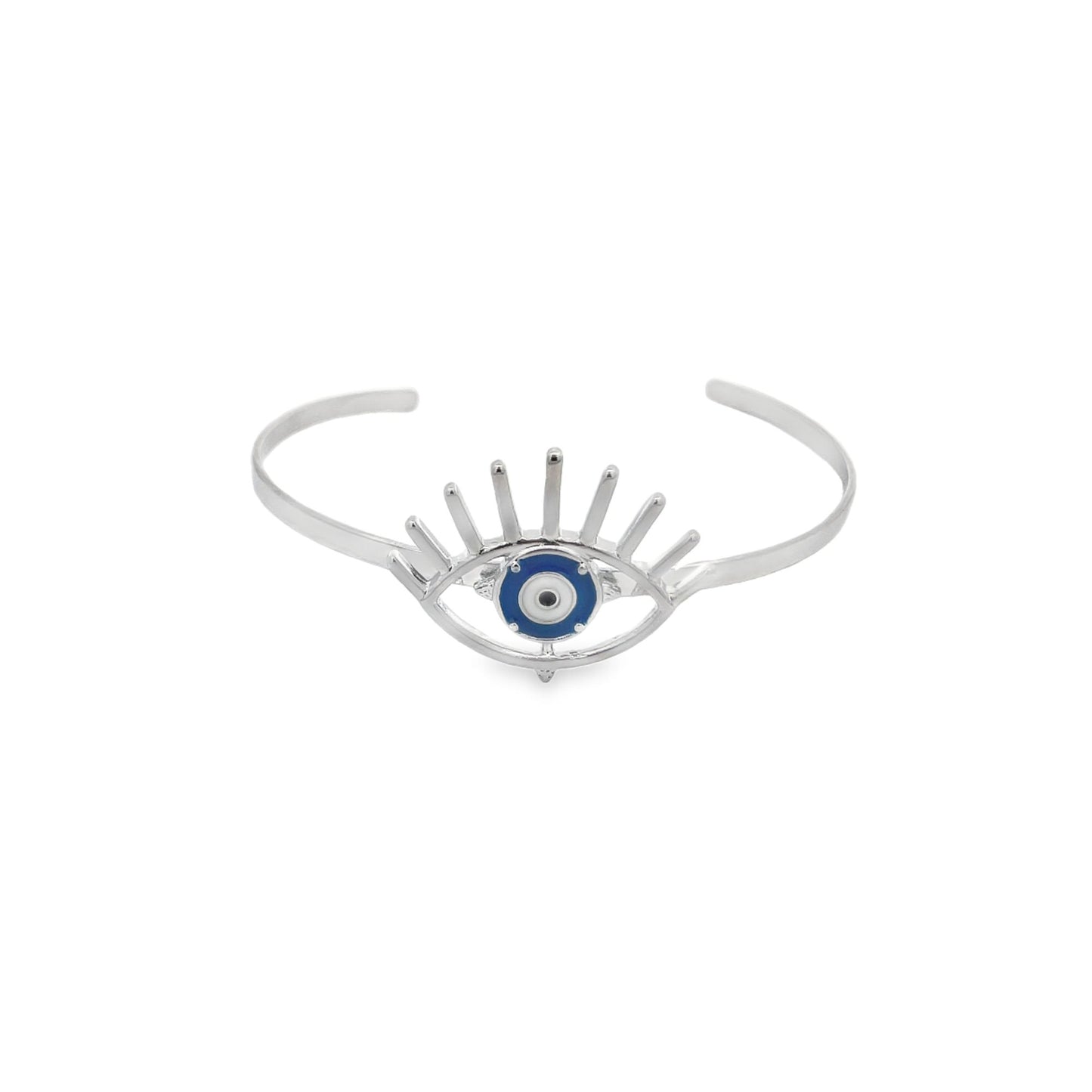 A silver evil eye cuff bracelet features a vibrant blue and white enamel eye centerpiece with radiating metal eyelashes.