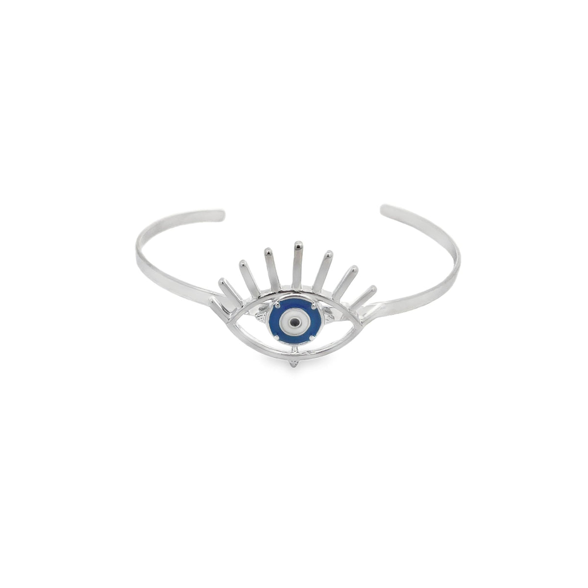 A silver evil eye cuff bracelet features a vibrant blue and white enamel eye centerpiece with radiating metal eyelashes.