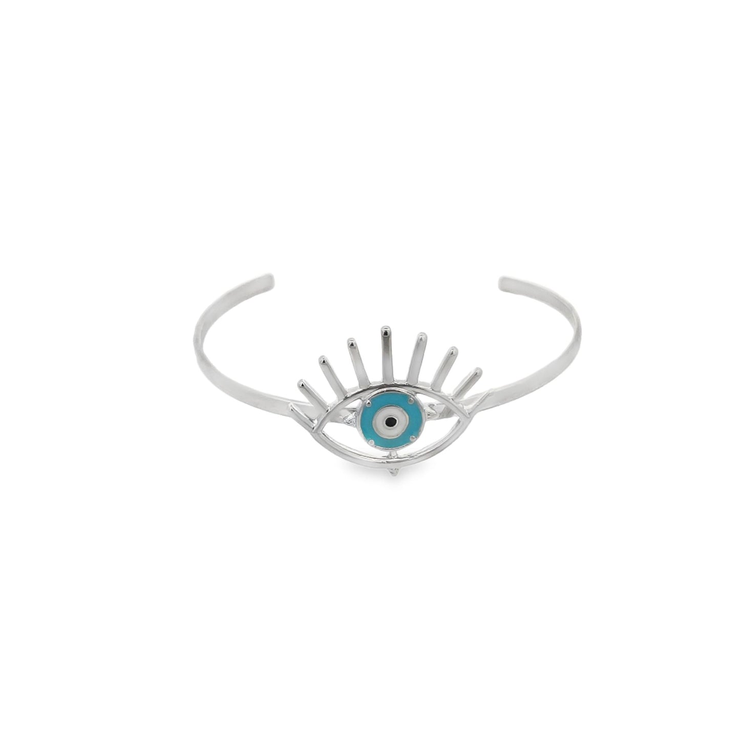 A silver evil eye cuff bracelet features a vibrant blue and black enamel eye centerpiece with radiating eyelash details.