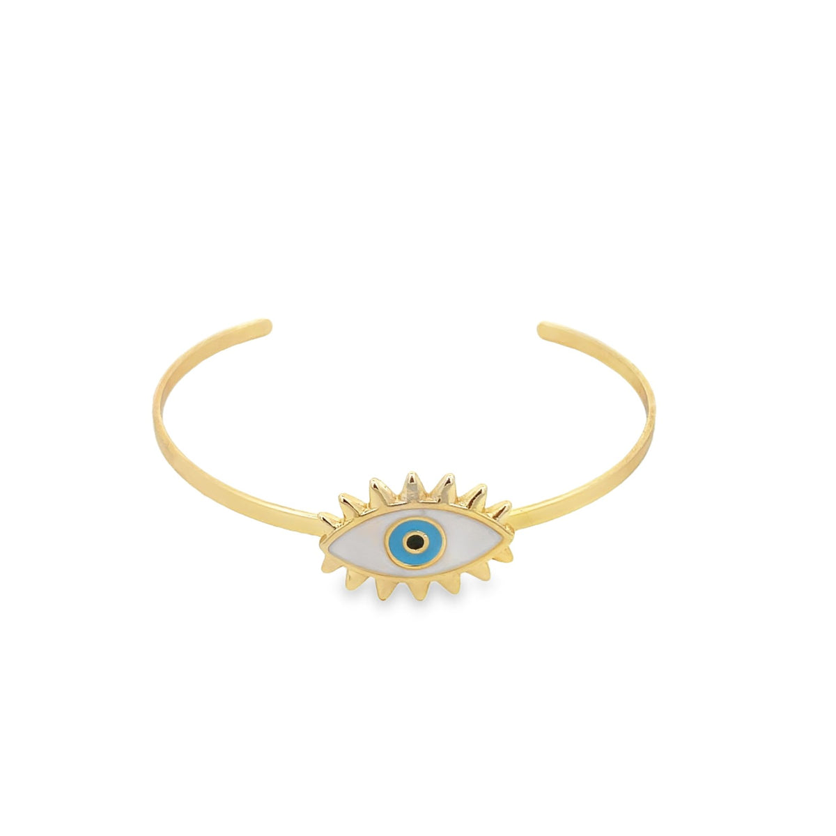A gold evil eye cuff bracelet features an enamel blue and white eye charm centered on the open band.