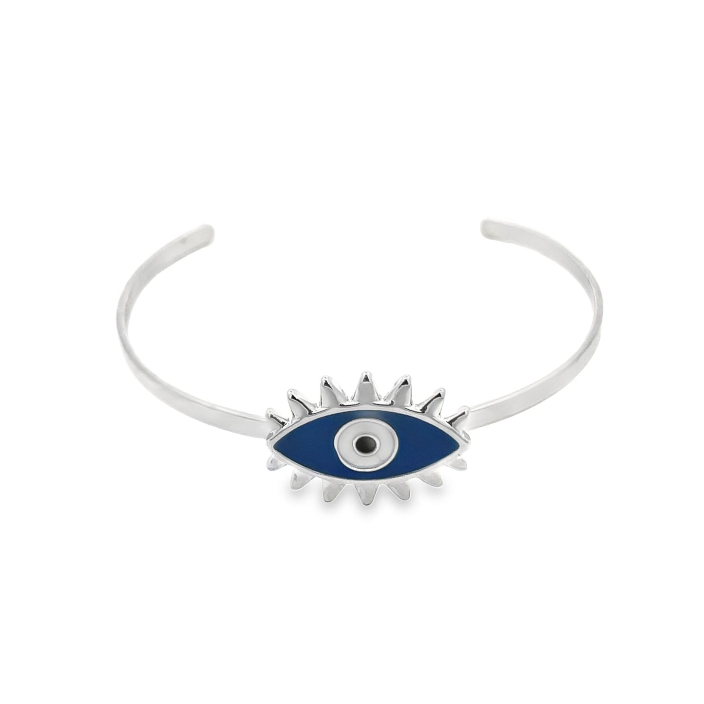A silver evil eye cuff bracelet features a vibrant blue enamel center with white and black detailing against a clean white background.