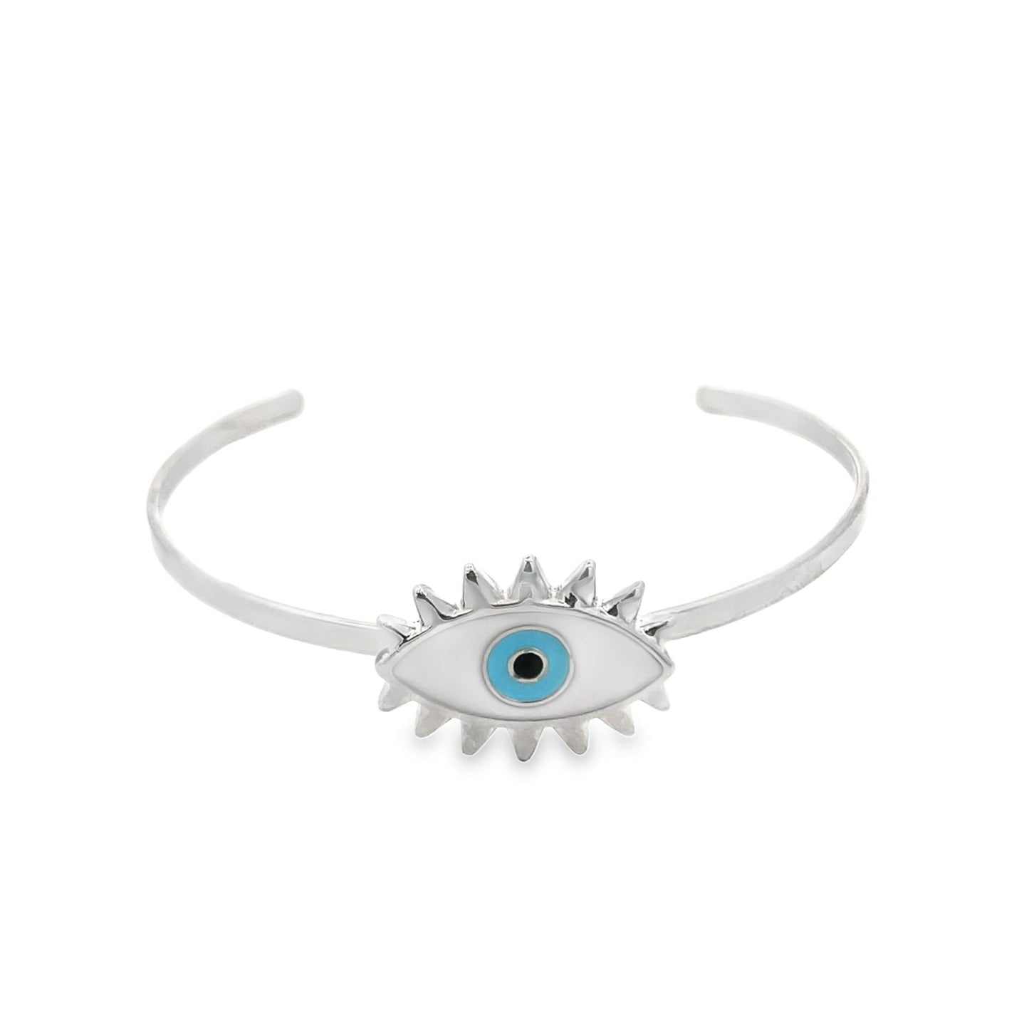 A silver cuff bracelet features a white and blue evil eye charm with sunburst rays.