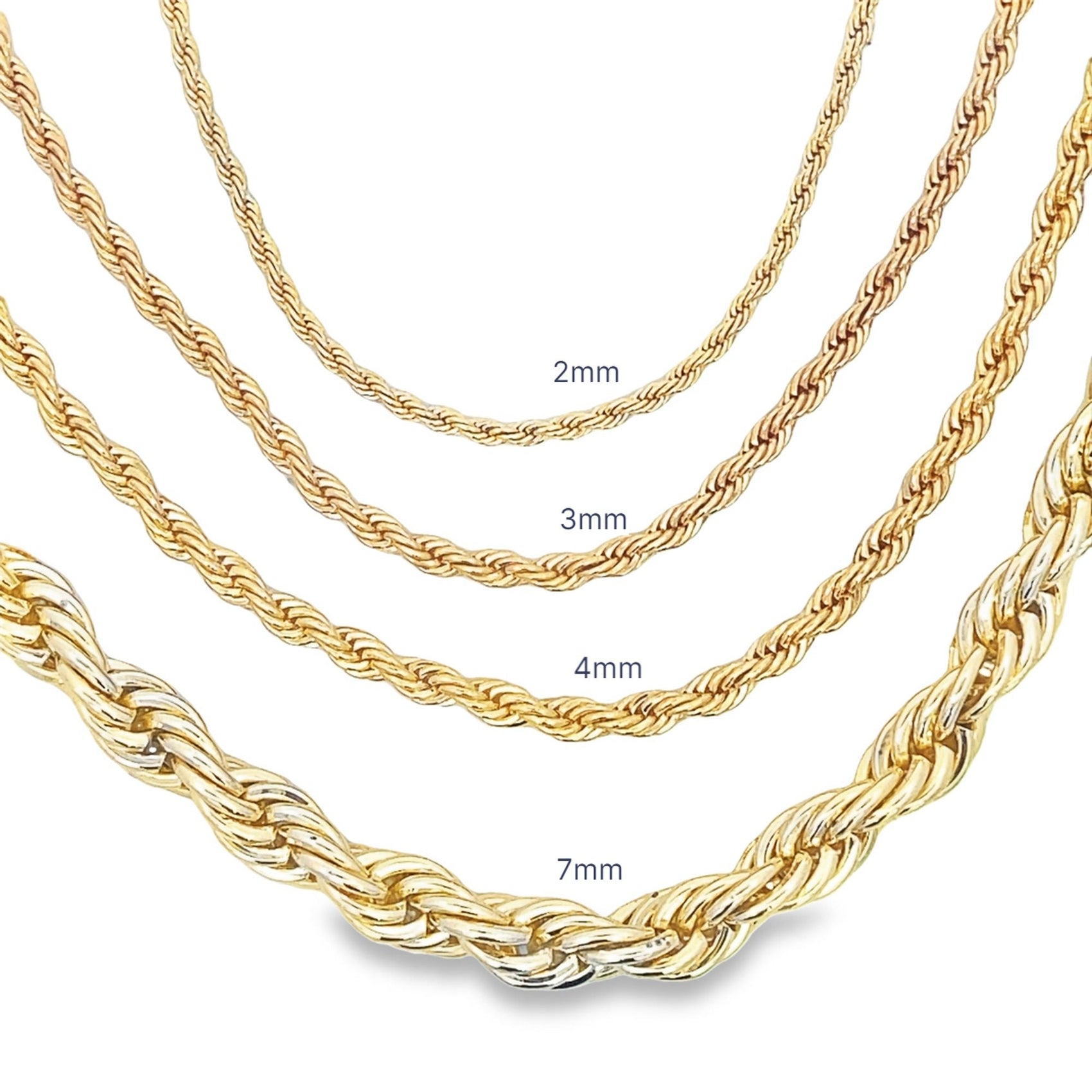 Four gold rope chains display varying thicknesses labeled 2mm, 3mm, 4mm, and 7mm.