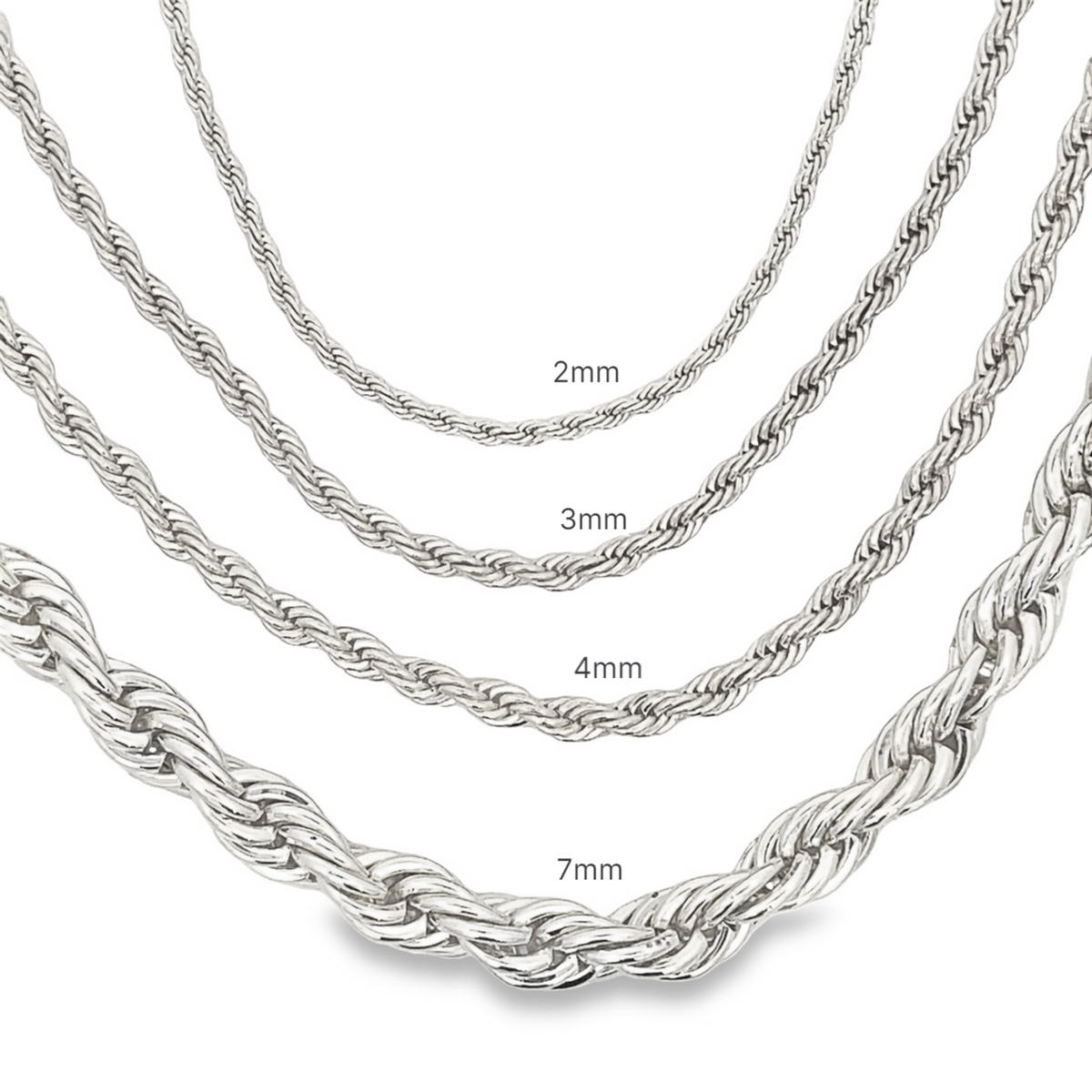 Four silver rope chain necklaces display varying thicknesses of 2mm, 3mm, 4mm, and 7mm against a white background.