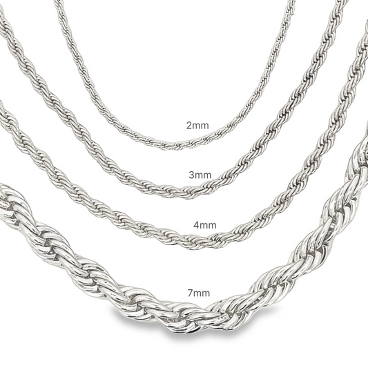 Four silver rope chain necklaces display varying thicknesses of 2mm, 3mm, 4mm, and 7mm against a white background.
