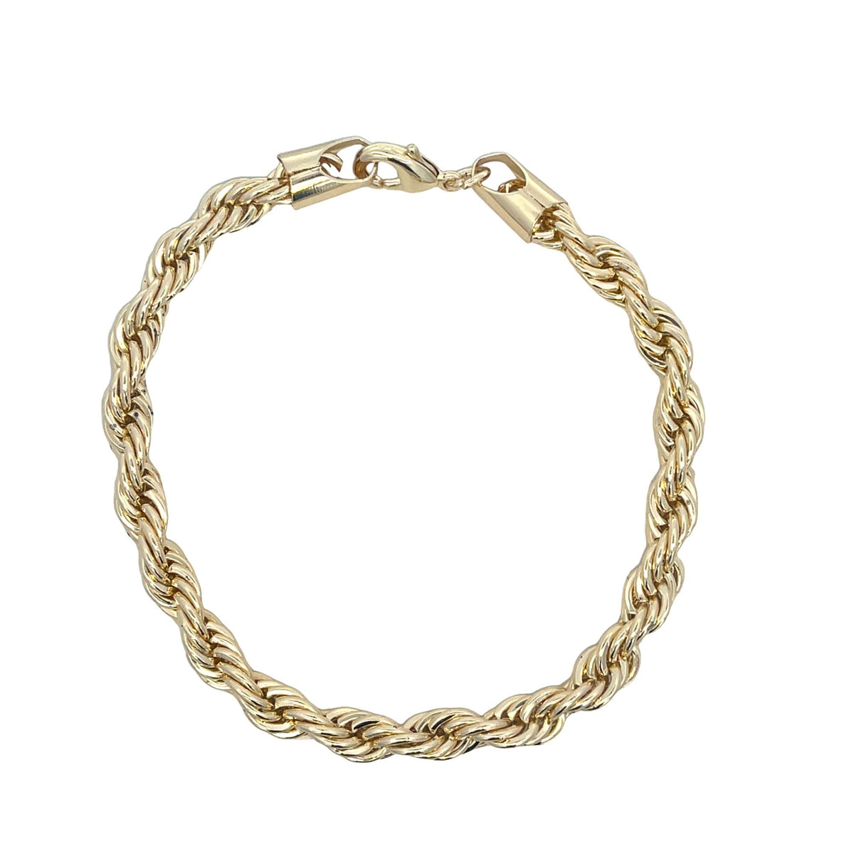 A polished gold rope chain bracelet forms a complete circle against a clean white background.