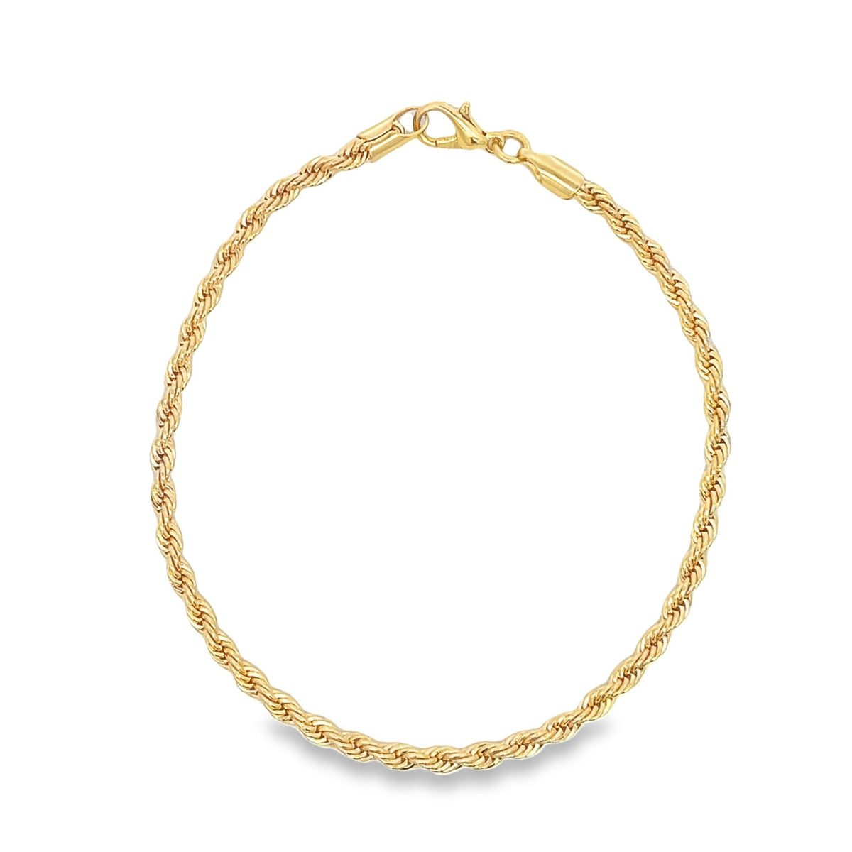 A shiny gold rope chain bracelet forms a clean circle against a white background.