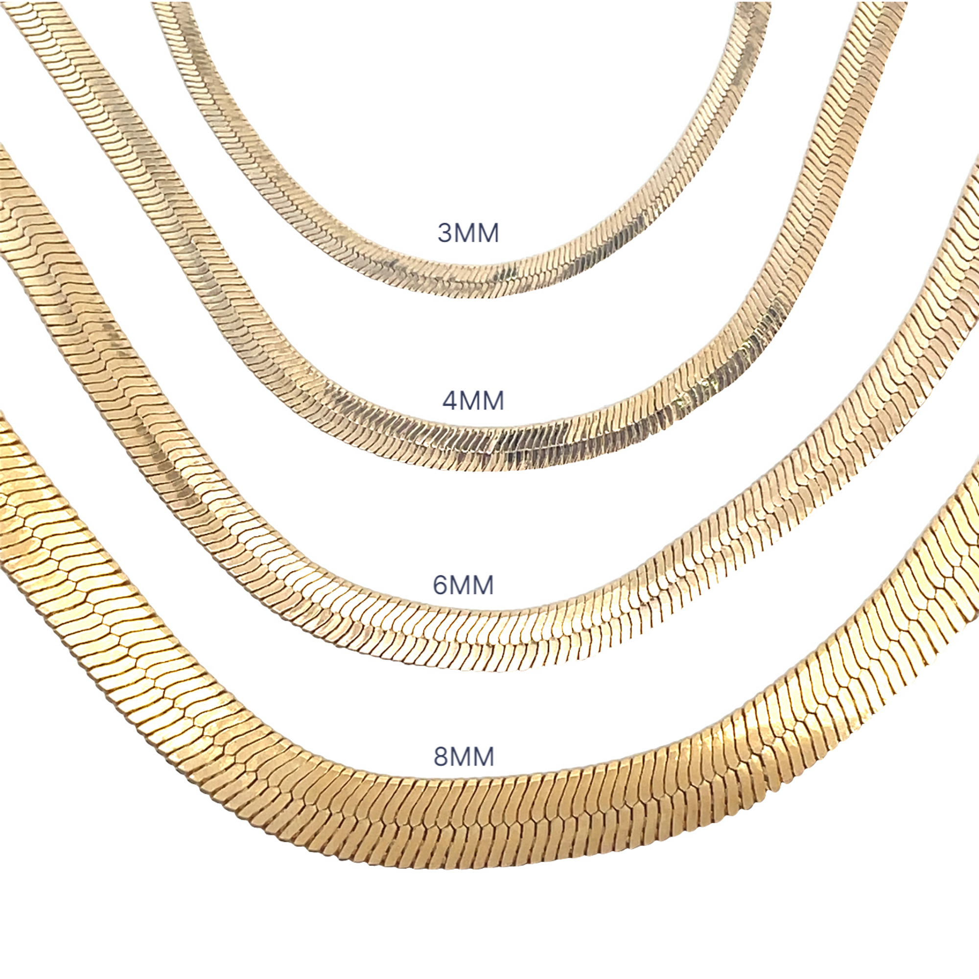Four gold herringbone chains display width sizes of 3mm, 4mm, 6mm, and 8mm against a white background.