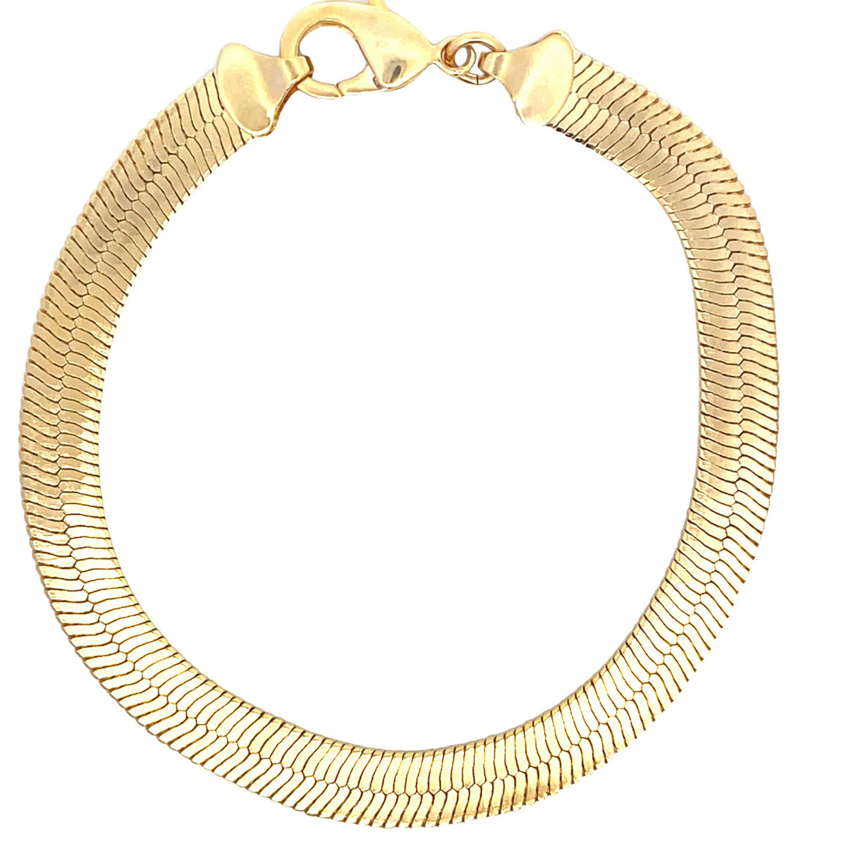 A polished gold herringbone chain bracelet displays its flat, interlocking links and secure lobster clasp against a clean white background.