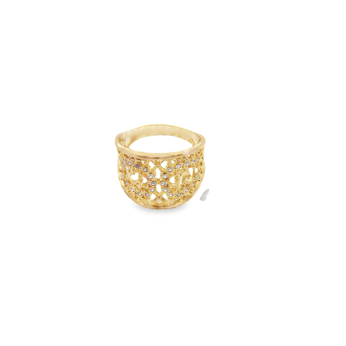 An ornate gold band ring features intricate filigree work and sparkling diamond accents on a white background.