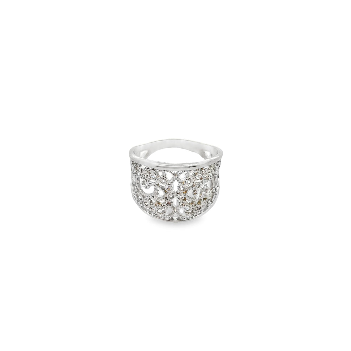 A wide silver band ring features an intricate filigree design encrusted with sparkling cubic zirconia stones against a clean white background.