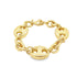 A chunky gold link bracelet lies in a gentle curve on a clean white background, showcasing its polished nautical-inspired design.