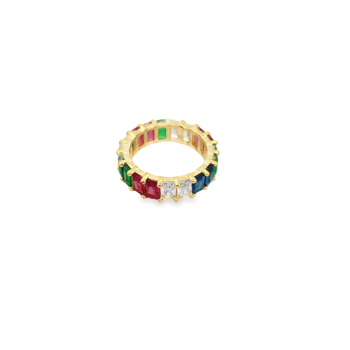 A gold eternity band features an alternating array of colorful emerald-cut gemstones.