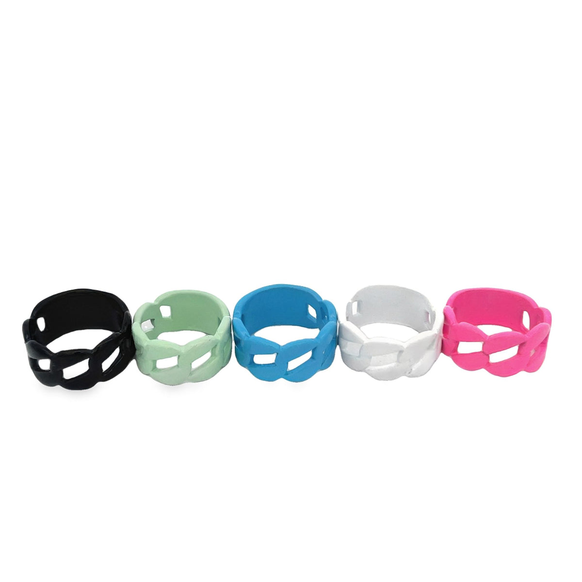 Five colorful chunky chain link rings in black, mint green, blue, white, and pink sit in a row against a white background.