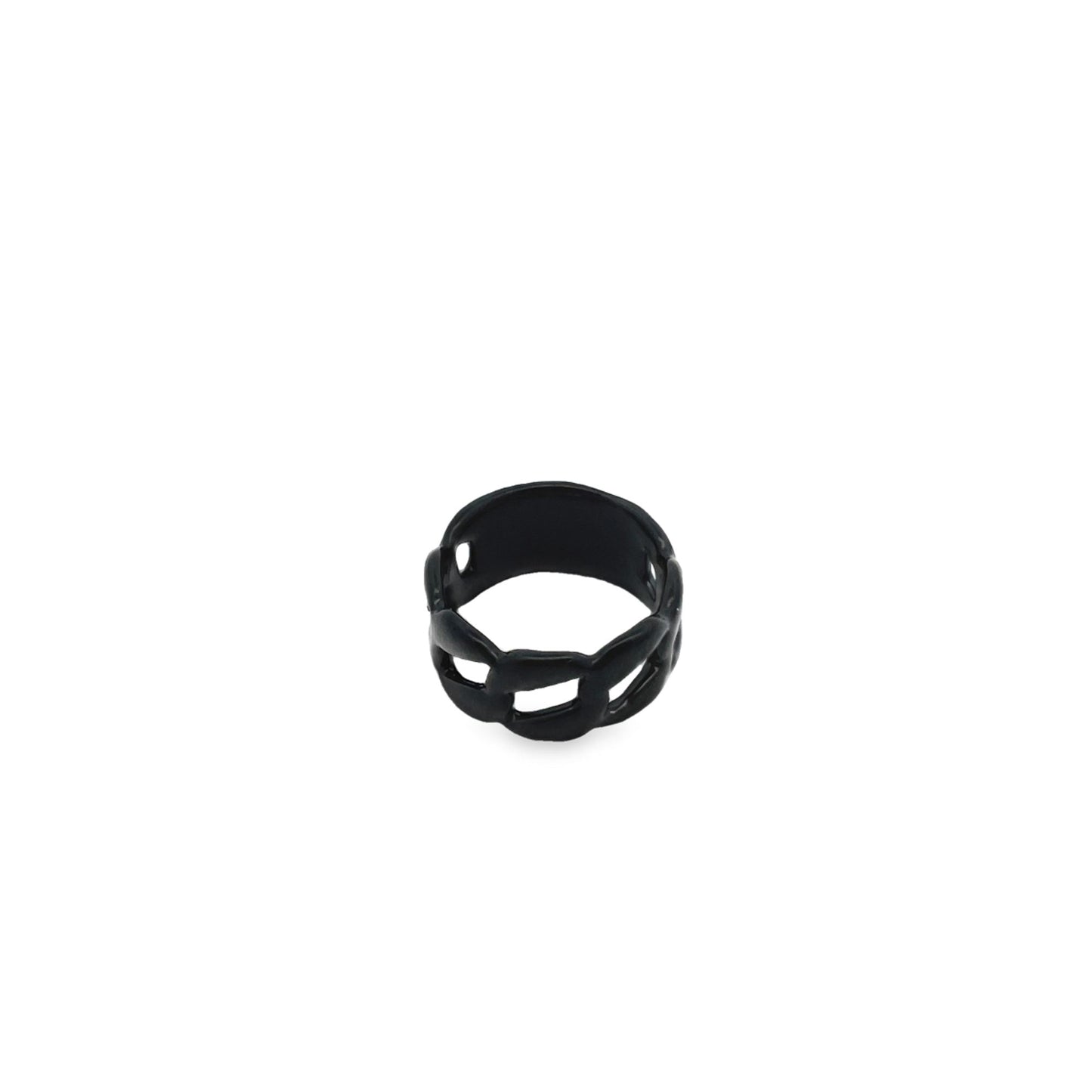 A stylish matte black chain-link ring sits isolated against a clean white background.