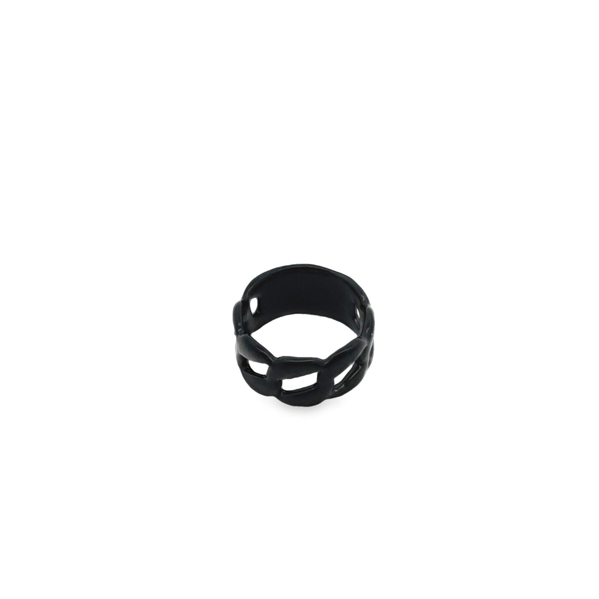 A stylish matte black chain-link ring sits isolated against a clean white background.