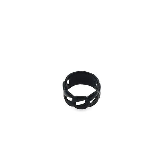 A stylish matte black chain-link ring sits isolated against a clean white background.