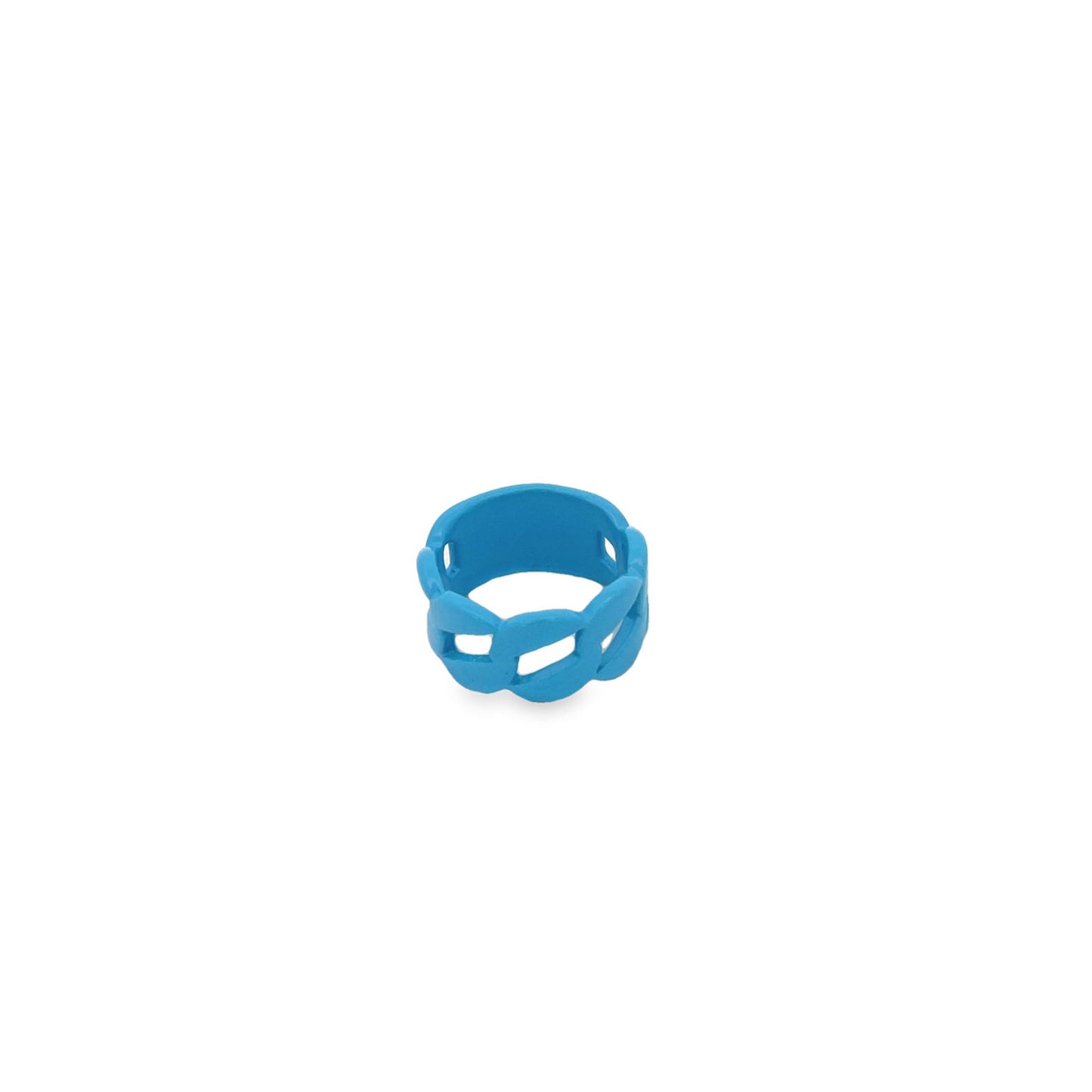 A bright blue chain link ring sits isolated against a clean white background.
