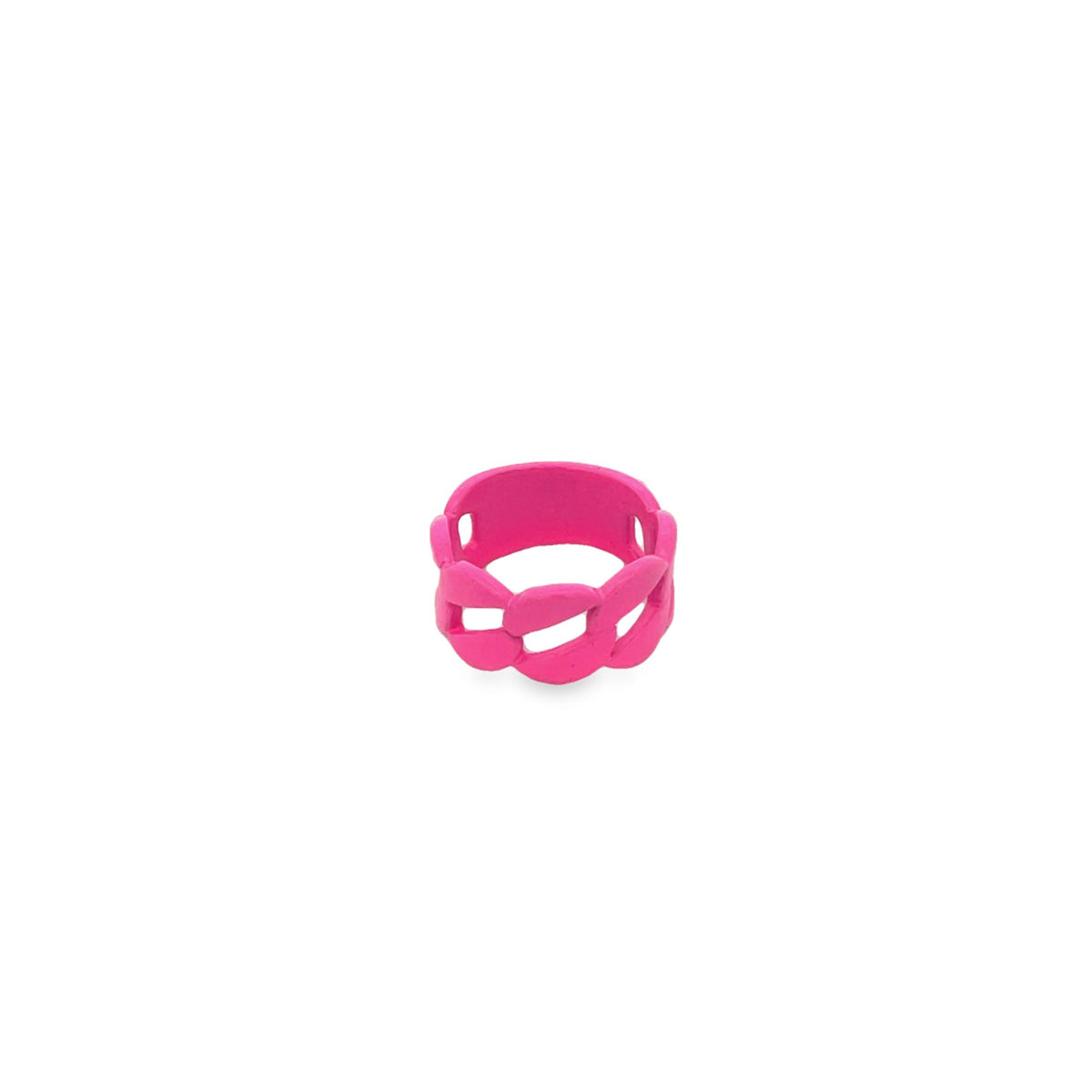 A vibrant pink chain-link ring sits isolated against a clean white background.