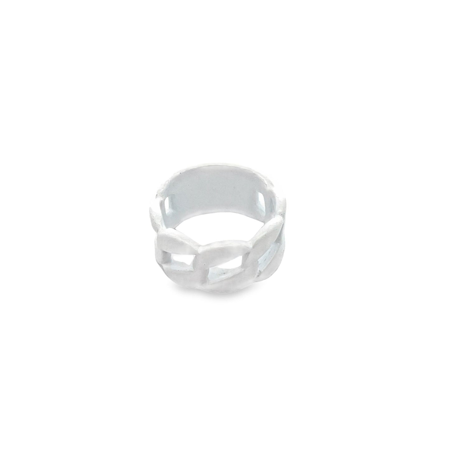 A chunky silver chain-link ring sits isolated against a plain white background.