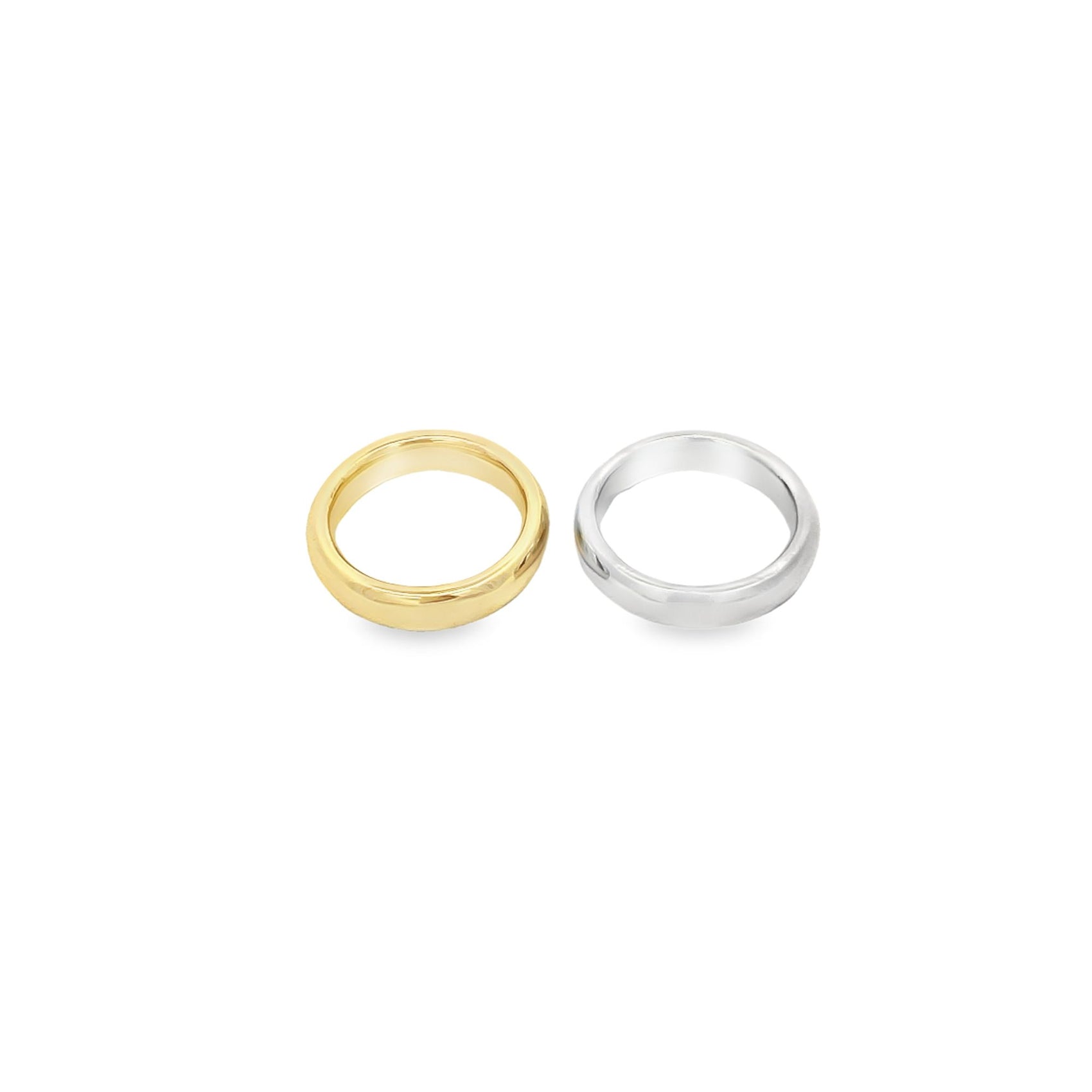 A gold band and a silver band rest side-by-side on a clean white background.