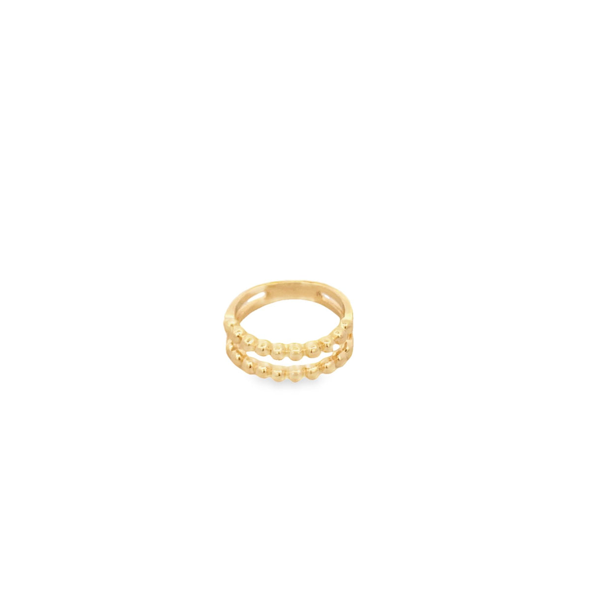 A double-band gold ring features delicate beaded detailing along its edges against a clean white background.
