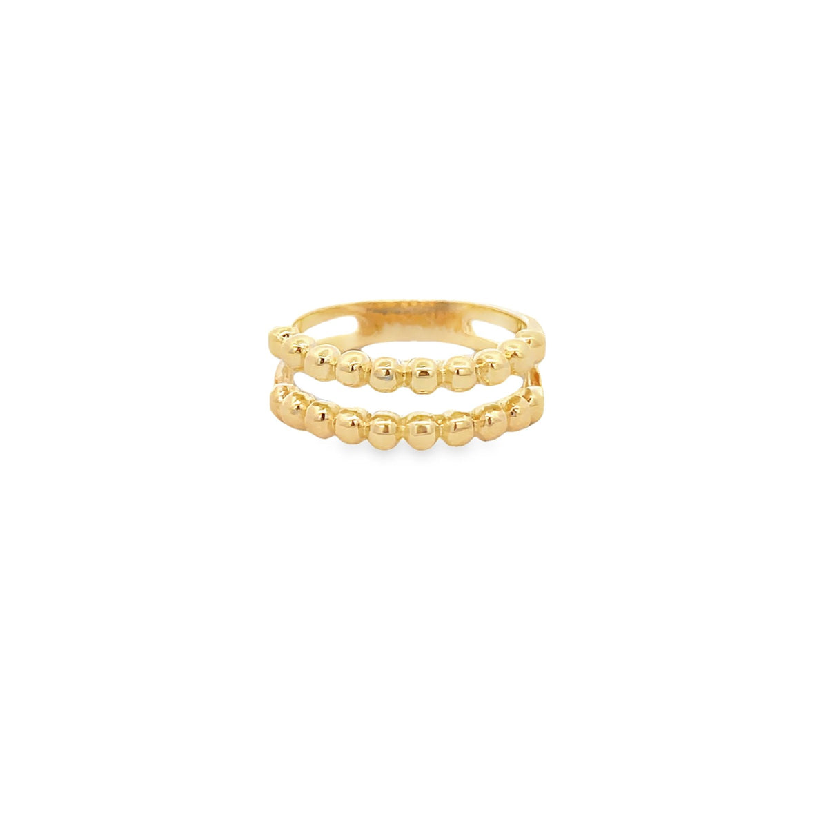 A double-band gold ring features delicate beaded detailing along each row against a clean white background.
