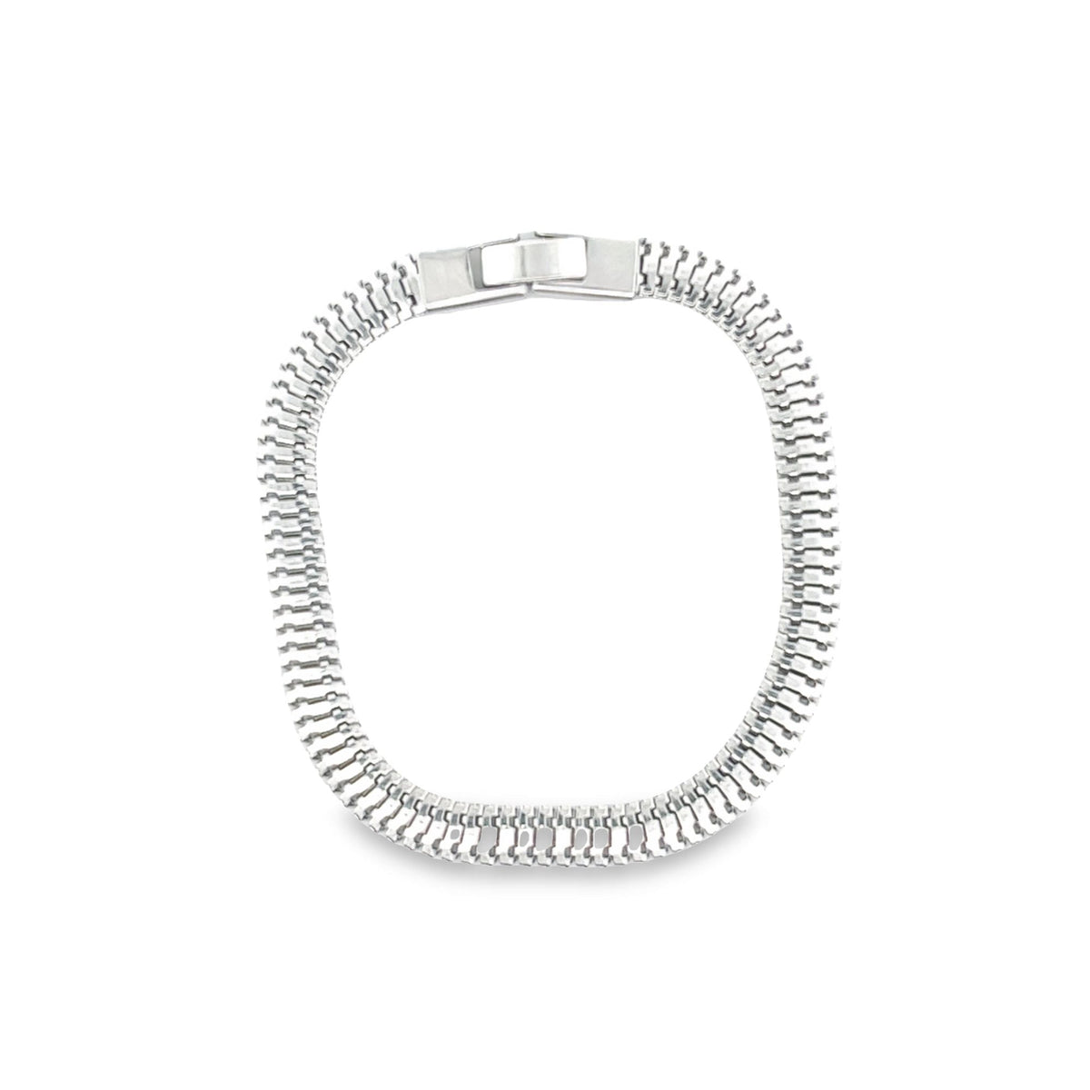 A sleek silver zipper bracelet rests against a clean white background.