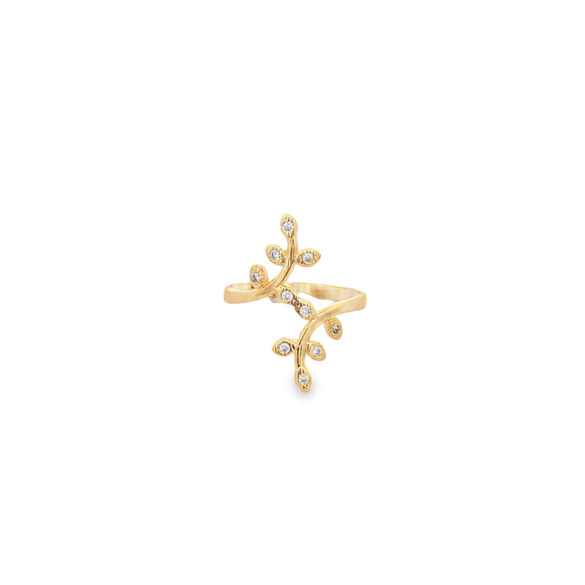 A delicate gold vine ring features sparkling diamond leaves wrapping gracefully around a white background.
