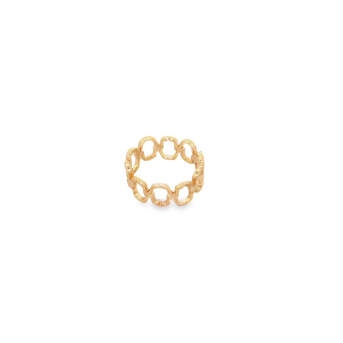 A polished gold chain-link ring sits upright against a plain white background.