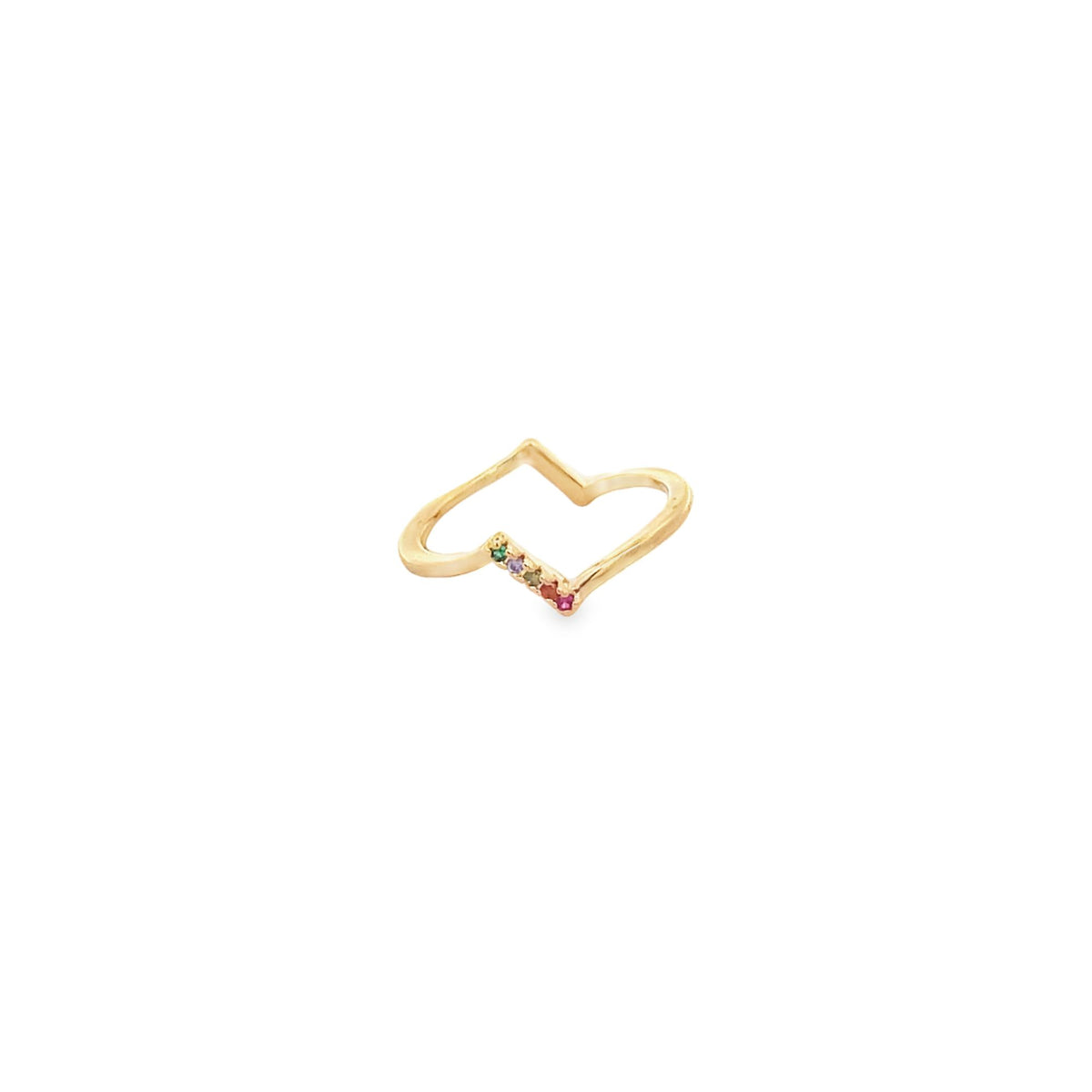 A gold heart-shaped ring sparkles with a delicate row of colorful gemstones embedded along one side.