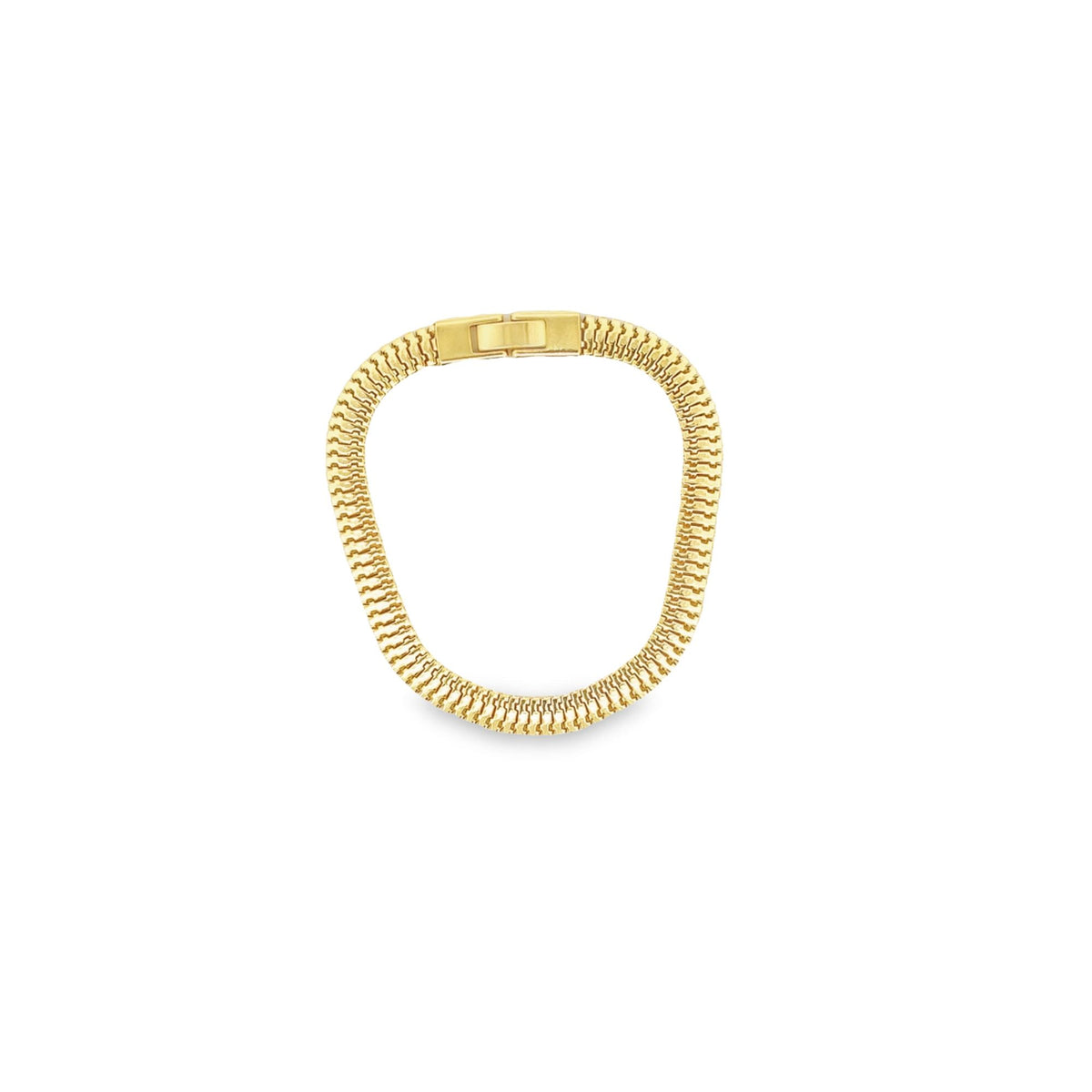A polished gold snake chain bracelet rests flat against a clean white background, showcasing its intricate interlocking links and secure clasp.