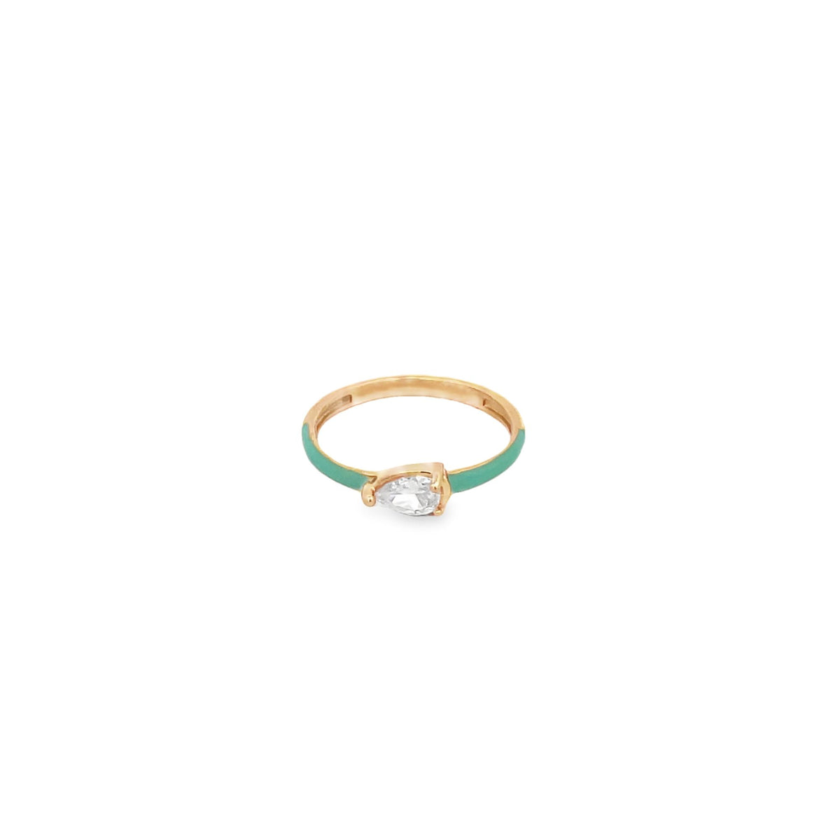 A gold ring features a vibrant turquoise enamel band and a sparkling pear-cut zirconia stone.