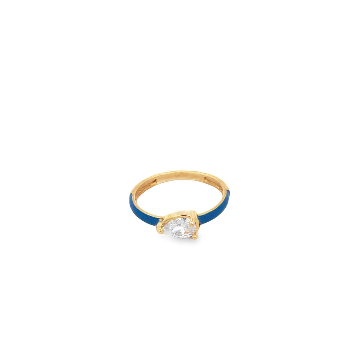 A gold ring with blue enamel detailing features a sparkling pear-shaped cubic zirconia stone.