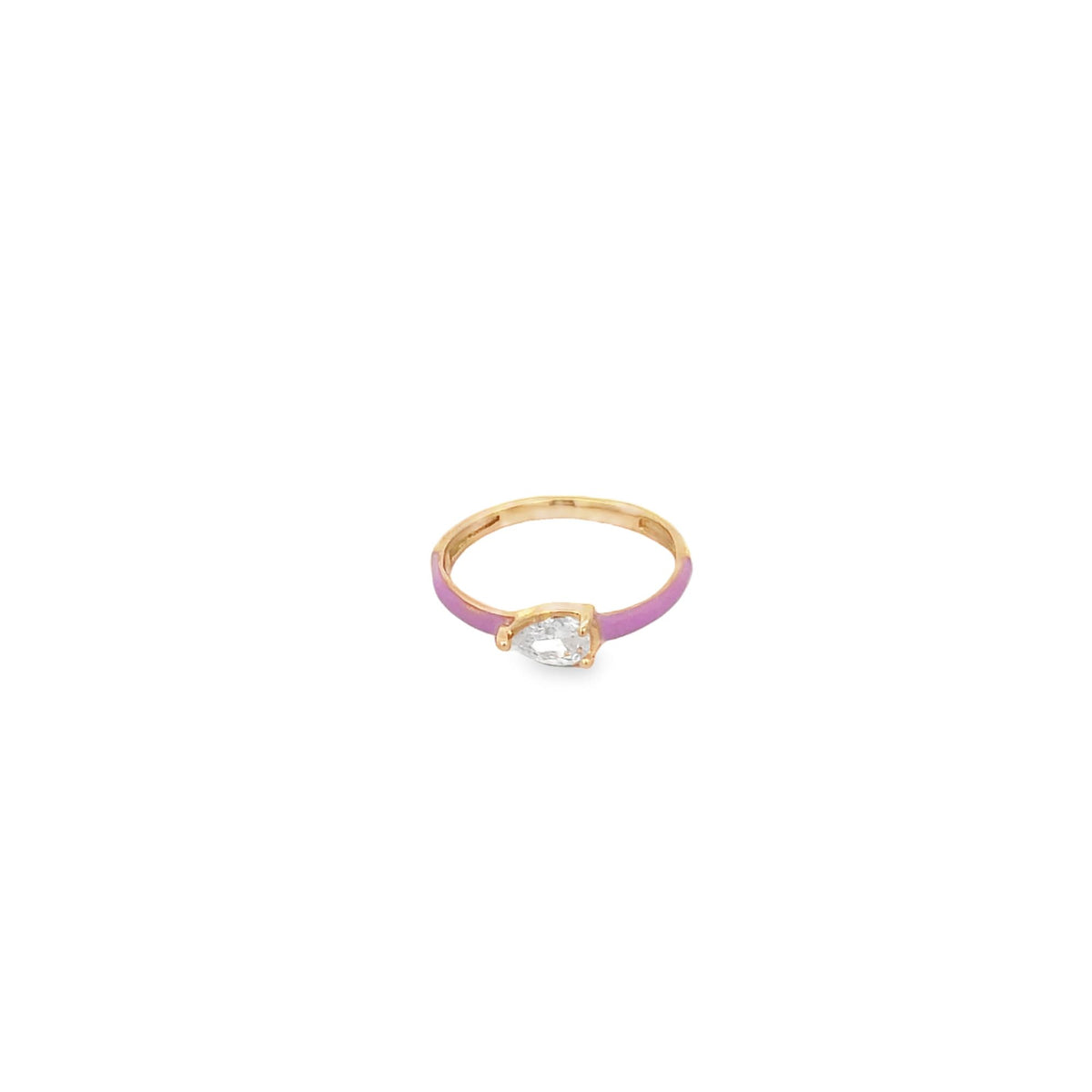 A gold ring features a pear-cut diamond and pink enamel detailing.