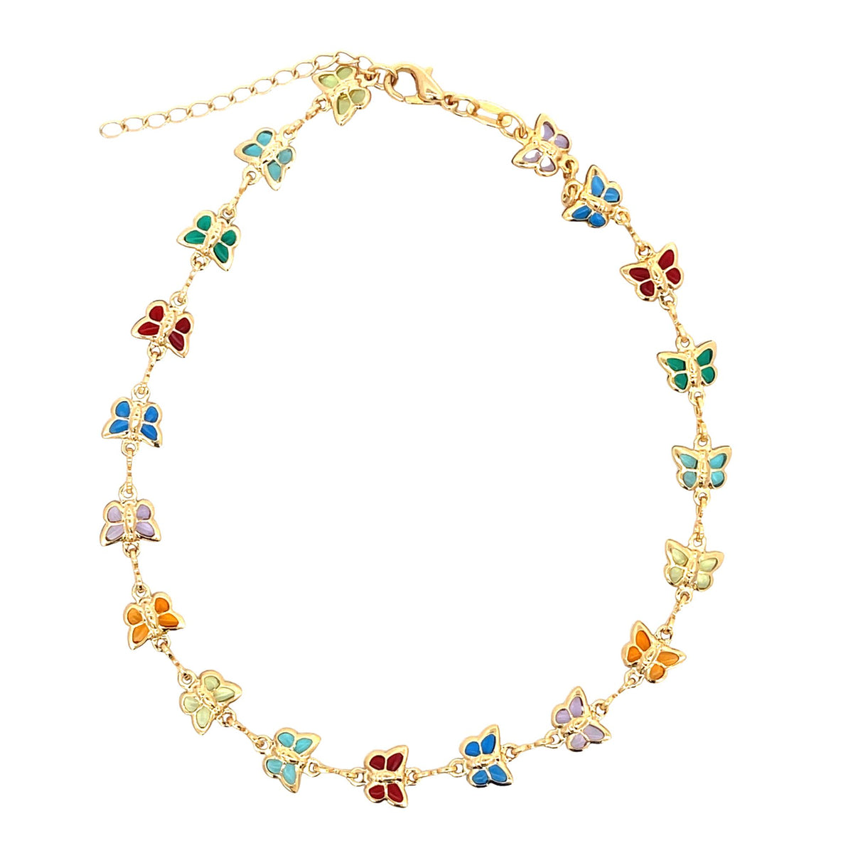 A gold butterfly choker necklace features colorful enamel butterfly charms linked along a delicate chain.