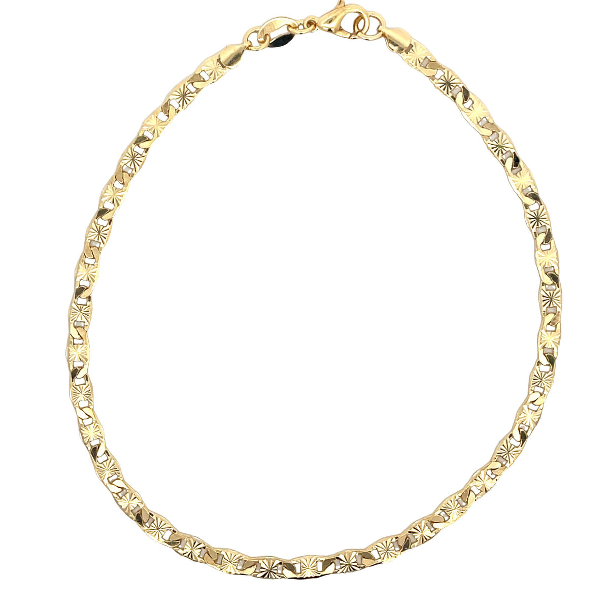 A polished gold link chain necklace features intricate sunburst engravings on each interlocking link, displayed in a classic circular shape against a clean white background.