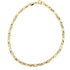 A gleaming gold chain necklace features intricately patterned links with a secure lobster clasp.