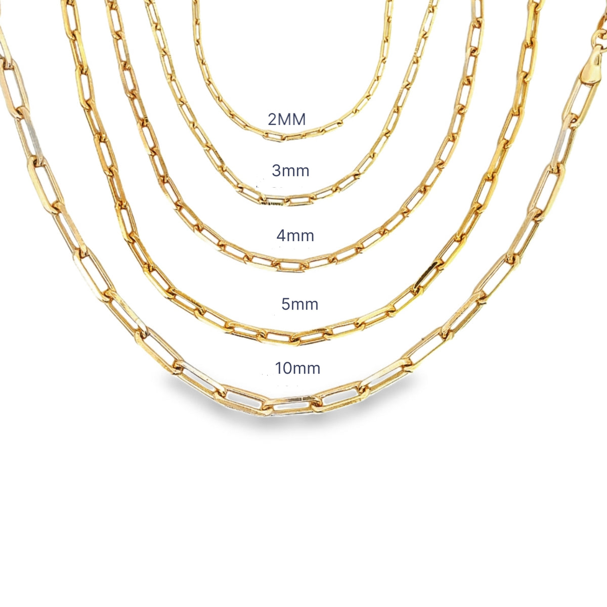 Five gold paperclip chain necklaces display size comparison options ranging from 2mm to 10mm.
