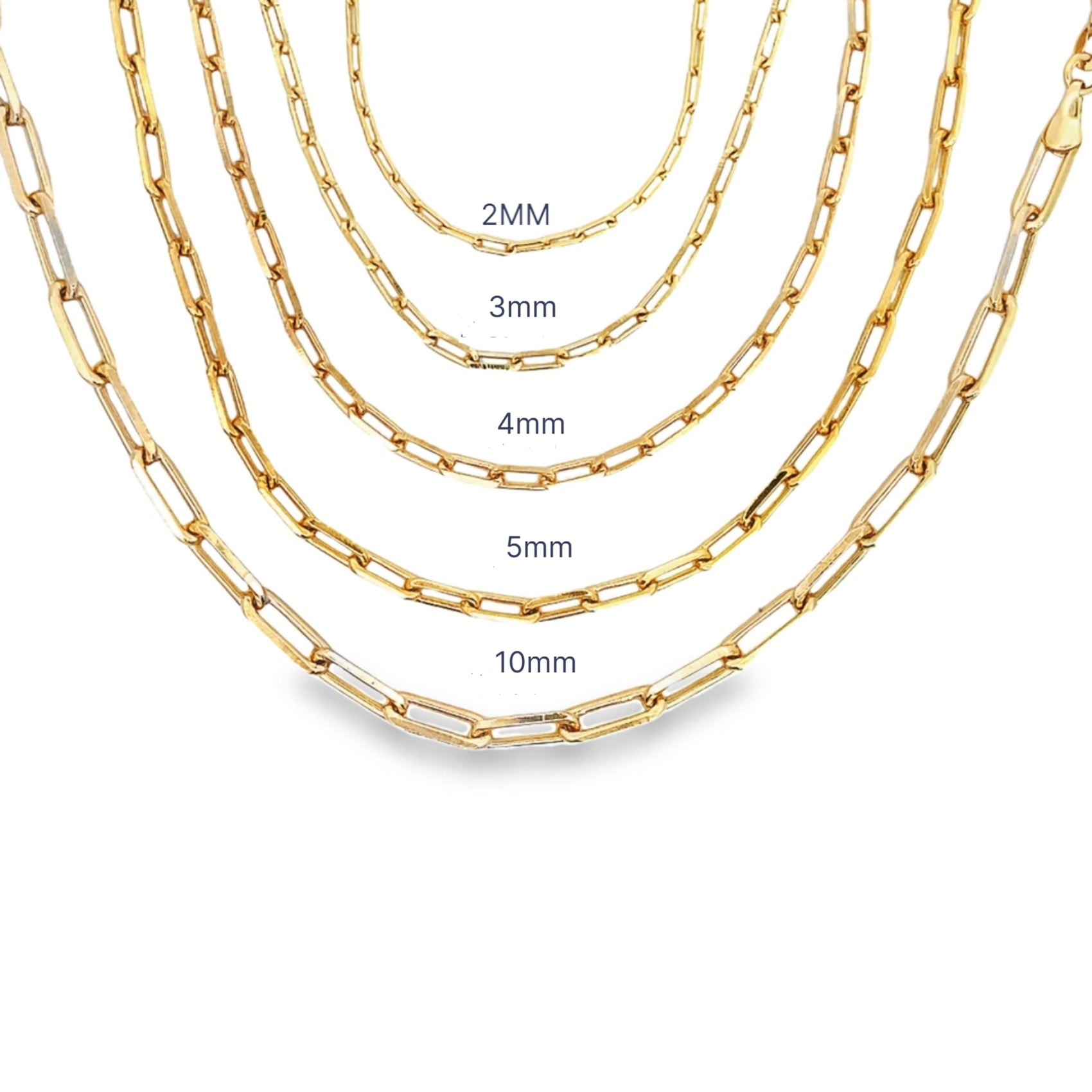 Five gold paperclip chain necklaces display size comparison options ranging from 2mm to 10mm.