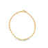 A shiny gold paperclip chain bracelet rests in a circle on a white background, featuring a secure lobster clasp.