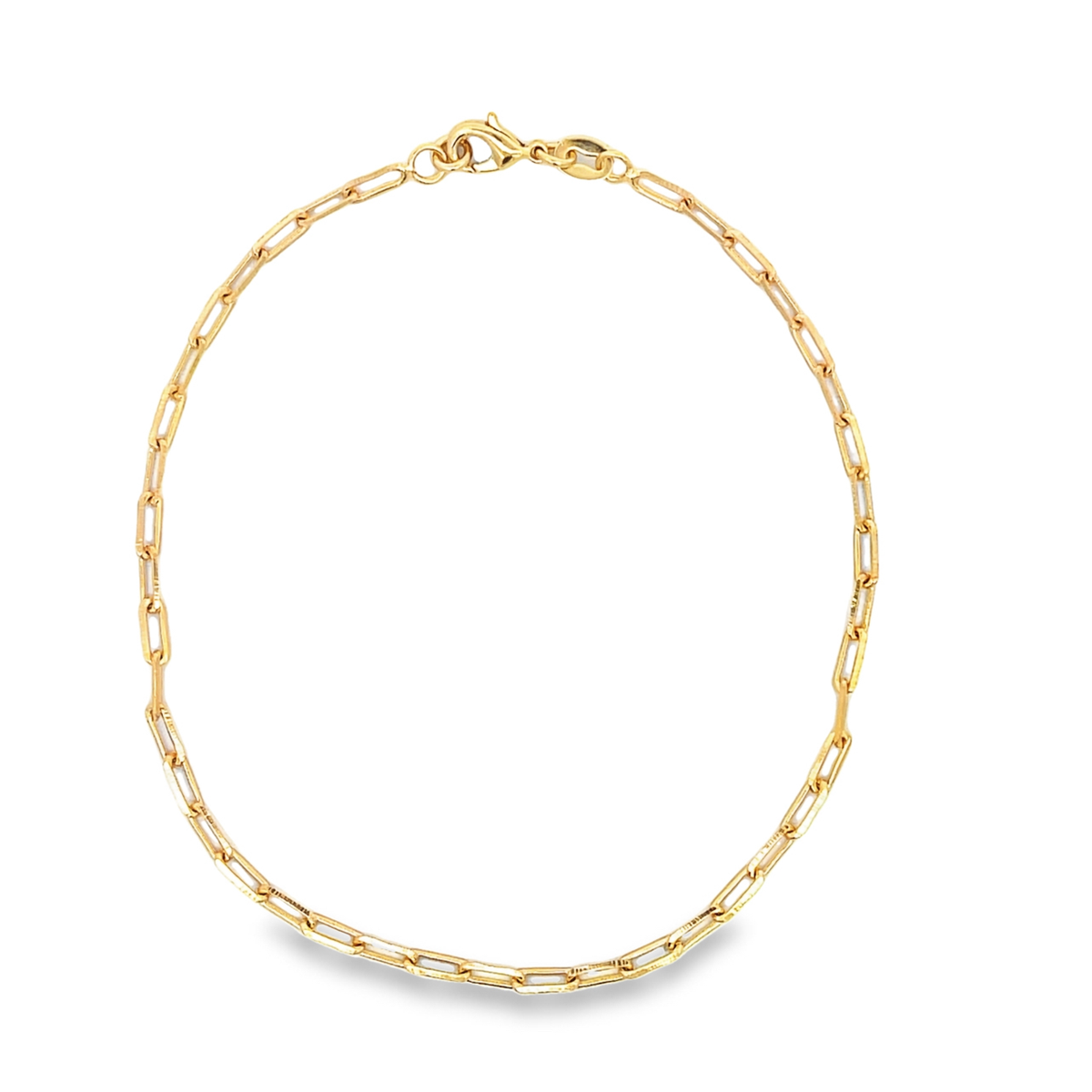 A delicate gold paperclip chain necklace rests in a circle on a white background.