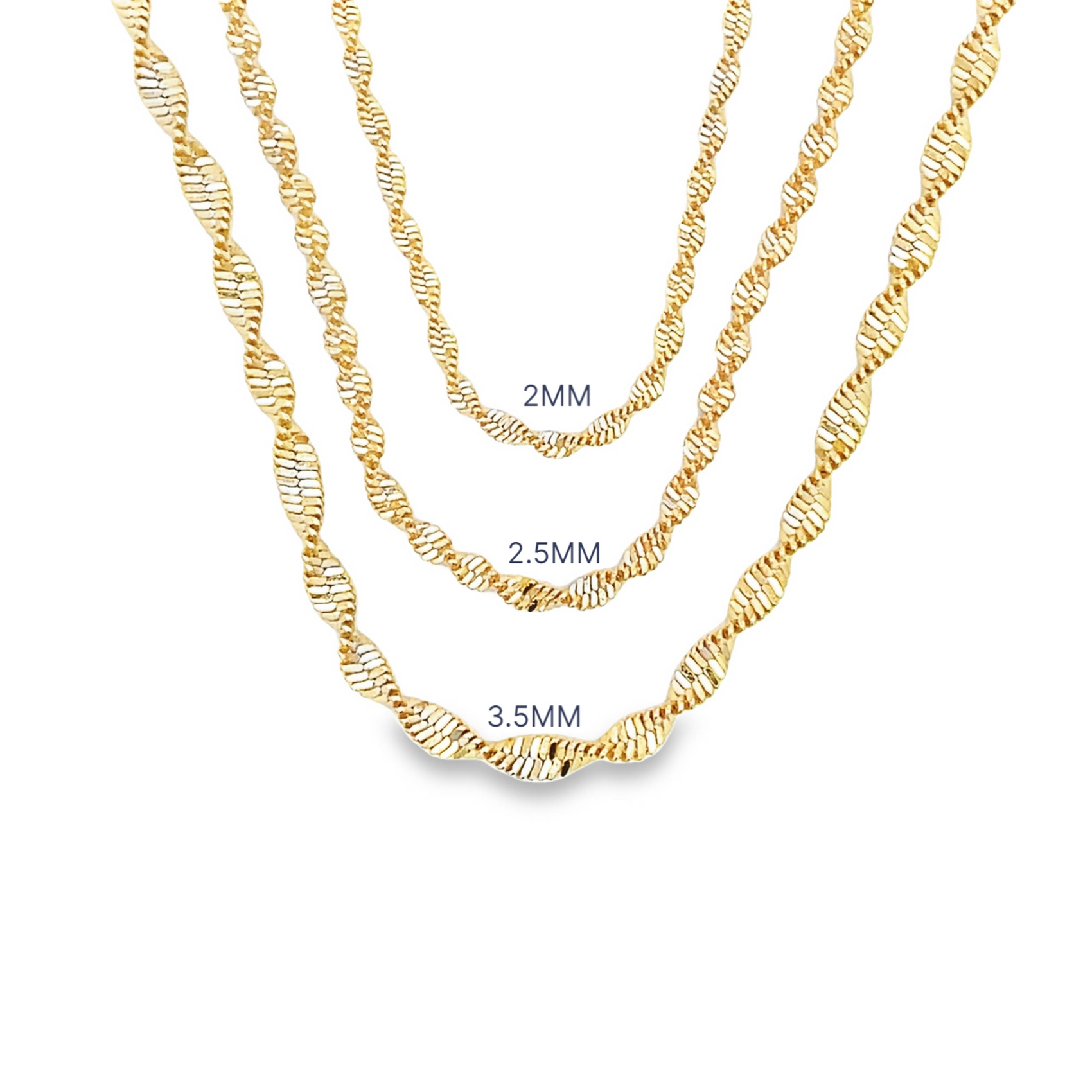 Three yellow gold twisted rope chains are displayed in 2mm, 2.5mm, and 3.5mm widths against a white background.