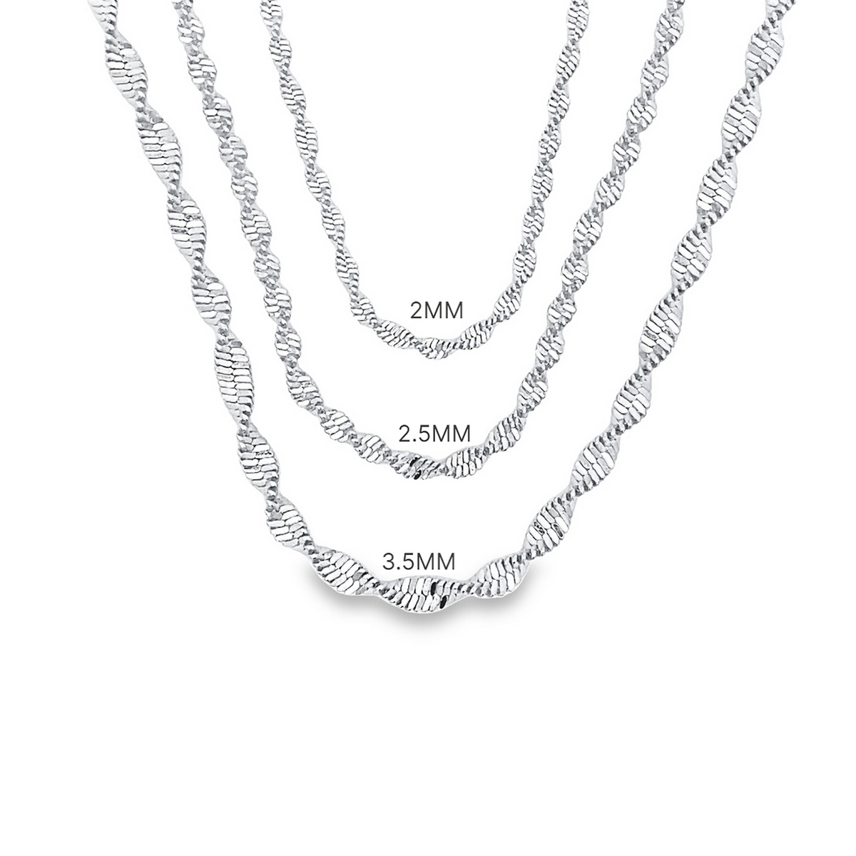 Three sterling silver singapore twist chains are displayed against a white background, demonstrating the 2mm, 2.5mm, and 3.5mm width options.