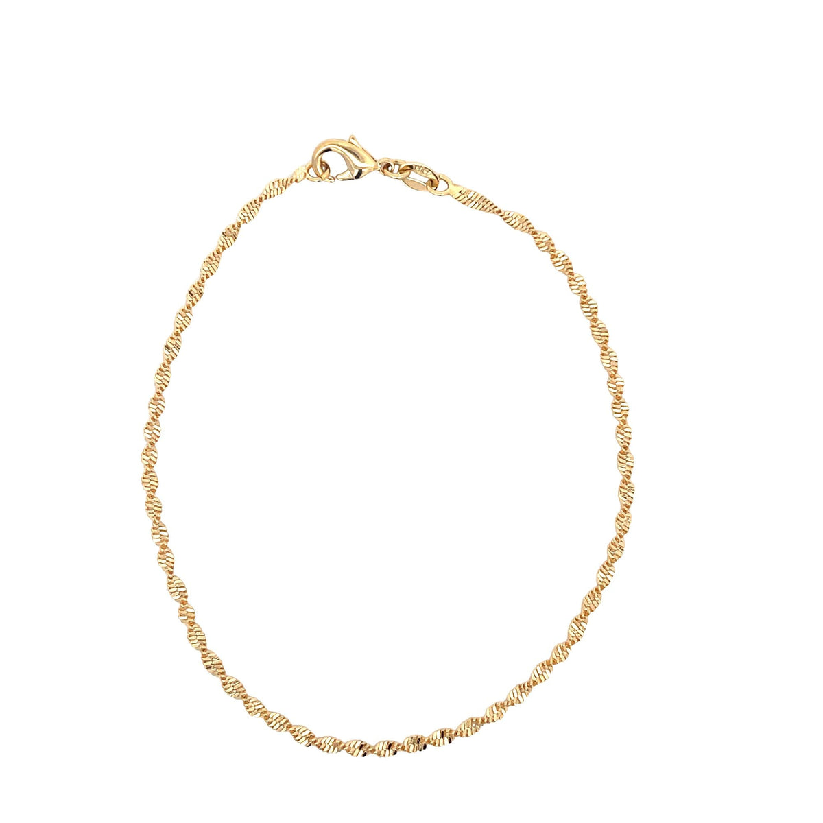 A delicate gold twist chain anklet displays its intricate, reflective pattern and secure lobster clasp against a white background.