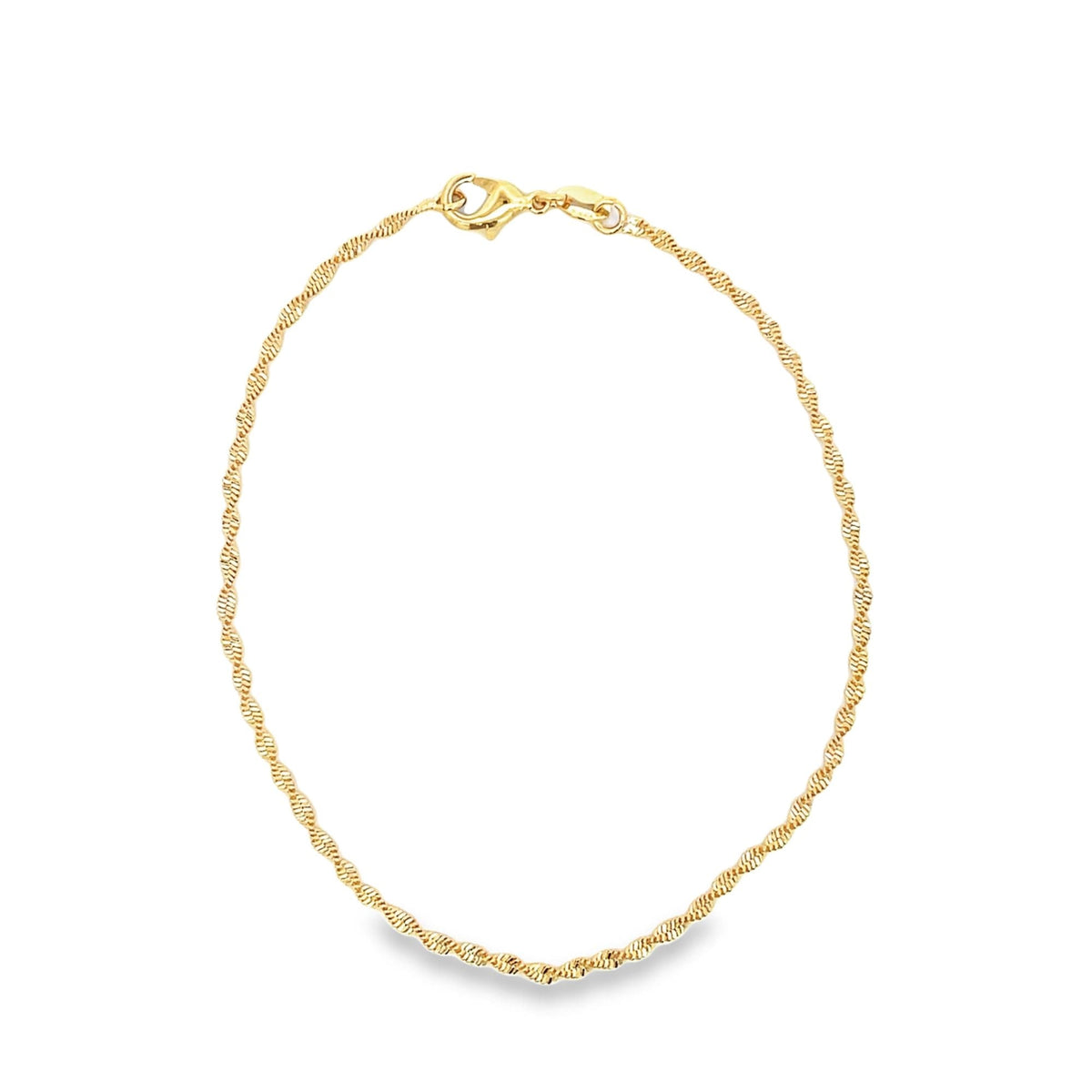 A delicate gold rope chain necklace curves gently against a clean white background, showcasing its twisted links and lobster clasp.