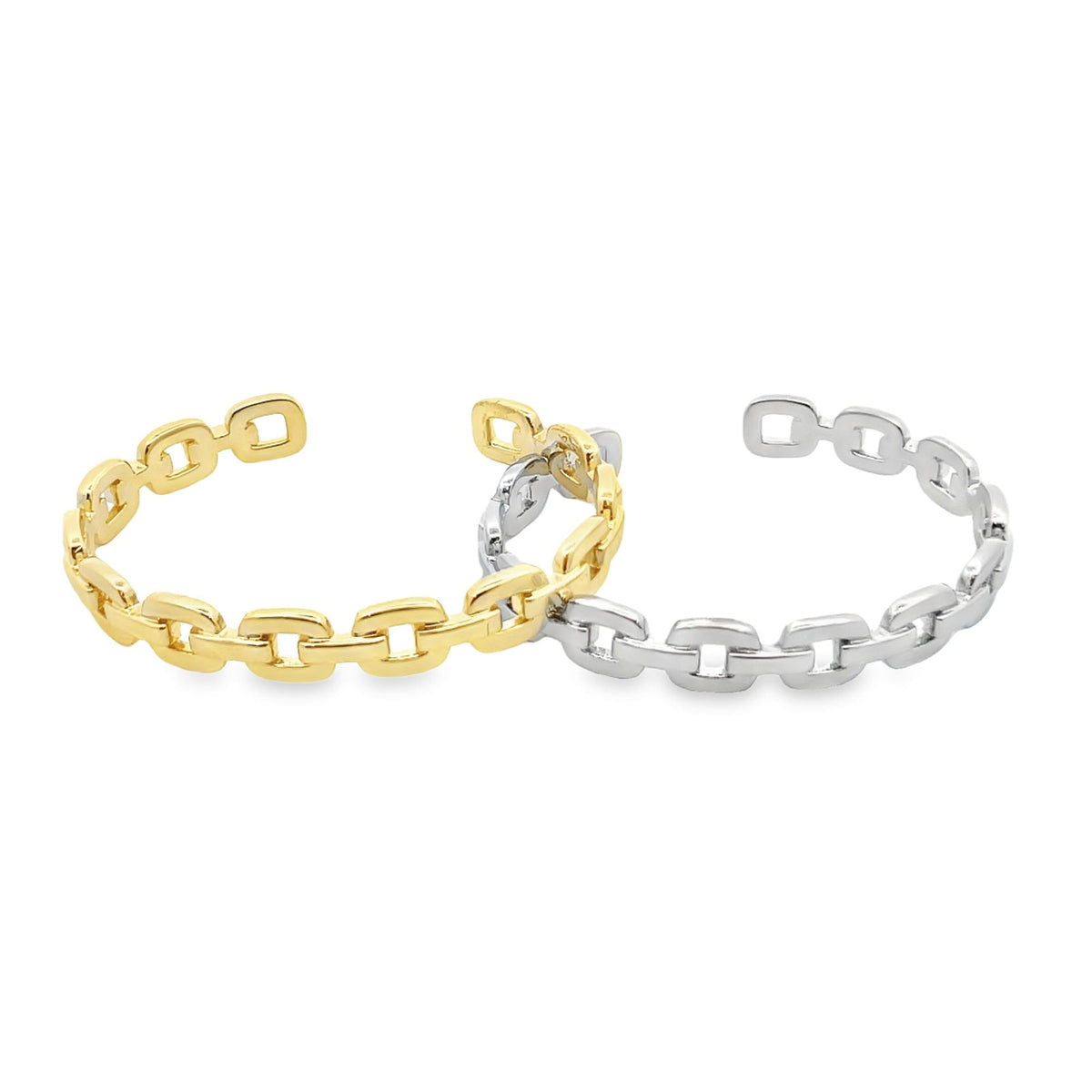 Two open-ended chain link rings in gold and silver display interlocking links against a white background.